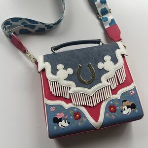 Loungefly Western Denim Fringe Disney Crossbody Bag with Mickey and Minnie Mouse